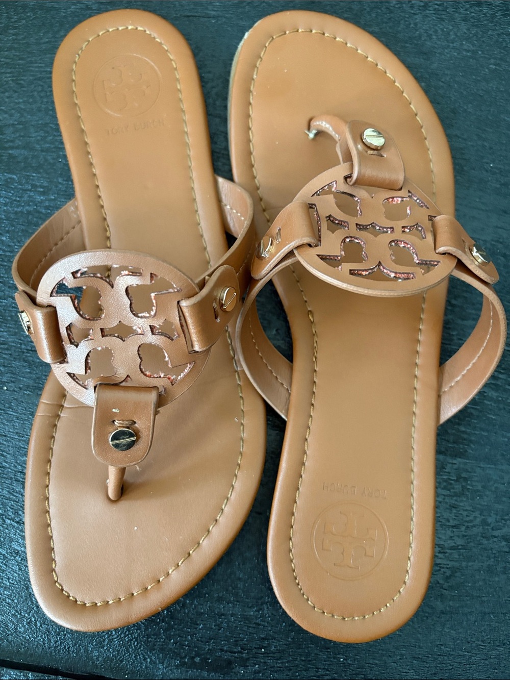 Tory Burch Tan Leather Logo Thong Sandals